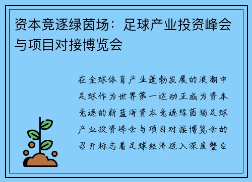 资本竞逐绿茵场：足球产业投资峰会与项目对接博览会